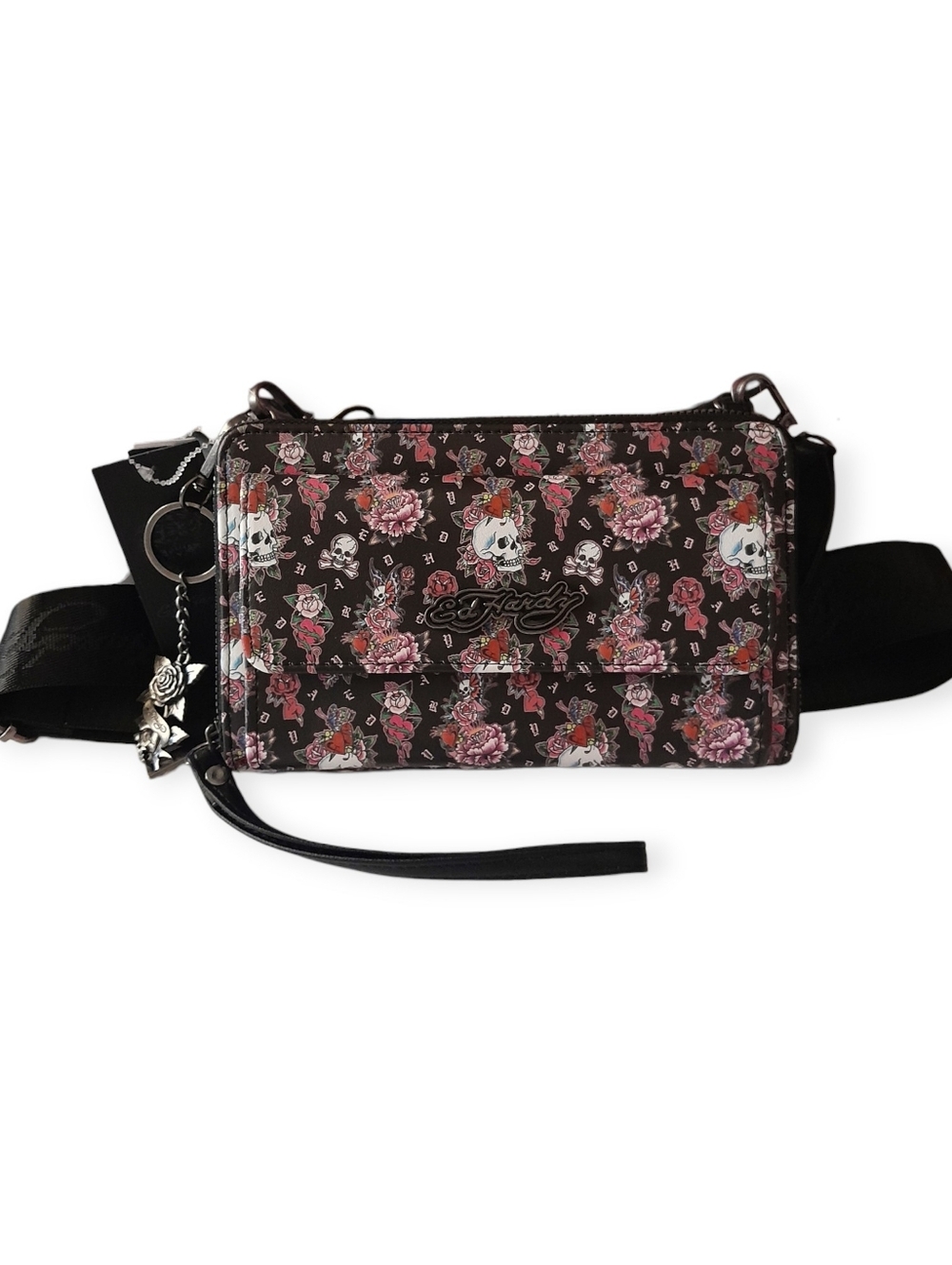 ED HARDY Skull Floral Wallet On A String Crossbody Wristlet Y2K Tattoo Rose Prin